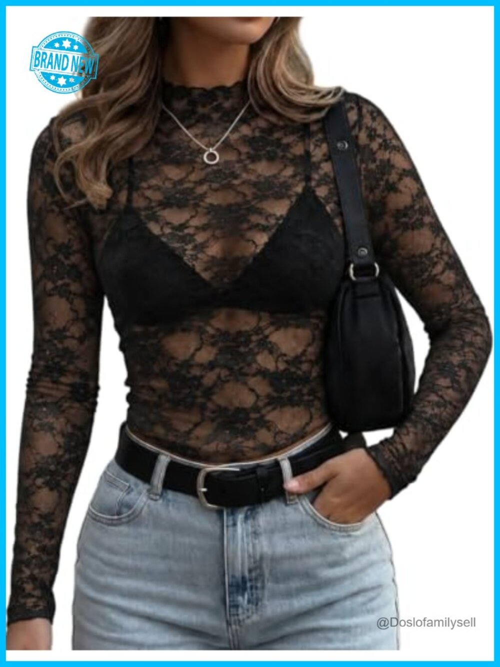 Womens Sheer Mesh Lace Long Sleeve Blouse Slim Fit Layering Top